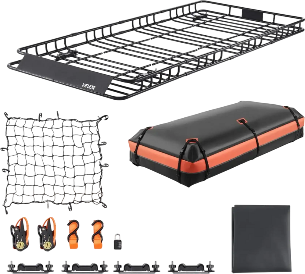 VEVOR Roof Rack Basket, 84 x 39 x 4.1 in, Universal Rooftop Cargo Carrier with 7.9 x 3.9 x 10.2 in Cargo Bag, Net, Ratchet Straps, 250 lbs Max Load Capacity Car Top Luggage Holder, for SUV Truck Car