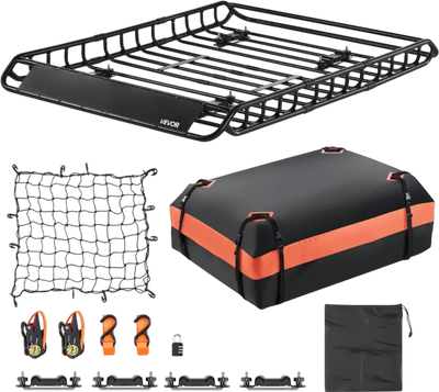 VEVOR Roof Rack Basket, 51 x 36 x 4.1 in, Universal Rooftop Cargo Carrier with 1120 x 870 x 260 mm Cargo Bag, Net, Ratchet Straps, 200 lbs Max Load Capacity Car Top Luggage Holder, for SUV Truck Car