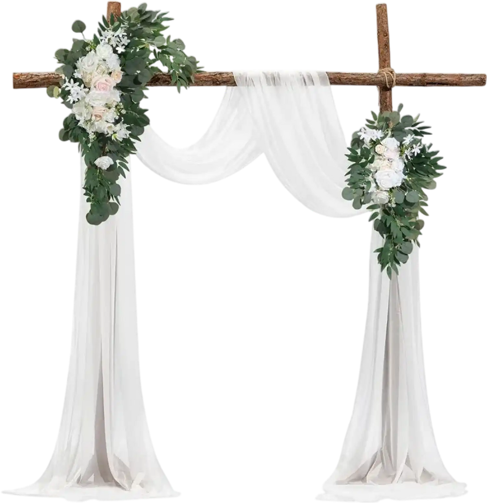 VEVOR Artificial Wedding Arch Flowers Kit, White Wedding Arch Flowers with Drapes Kit (Pack of 4) - 2 Pcs Floral Arrangement, 2 Pcs Sheer Drapes, for Ceremony Bouquets Reception Backdrop Decoration