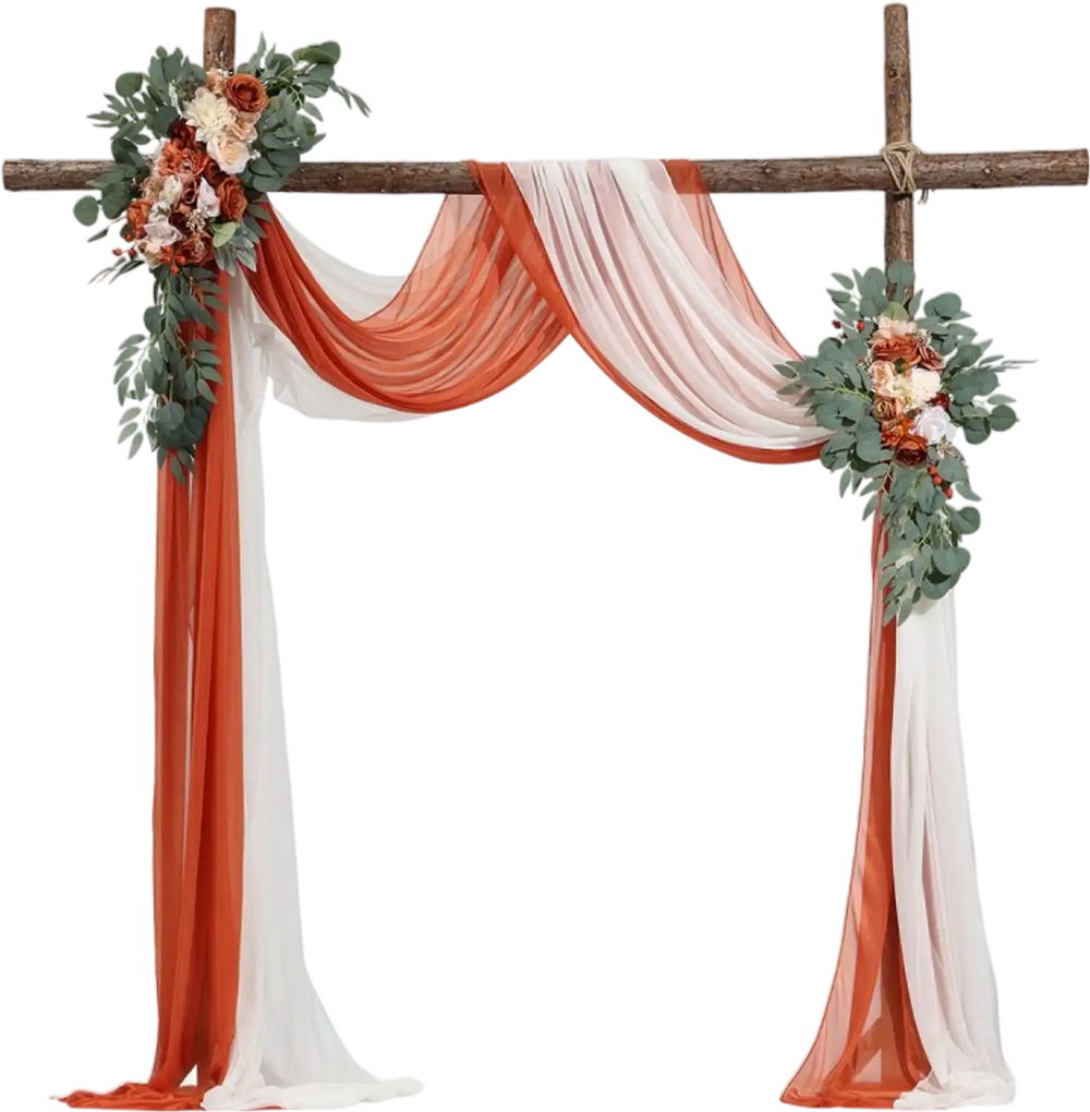 VEVOR Artificial Wedding Arch Flowers Kit, Orange Wedding Arch Flowers with Drapes Kit (Pack of 4) - 2 Pcs Floral Arrangement, 2 Pcs Sheer Drapes, for Ceremony Bouquets Reception Backdrop Decoration