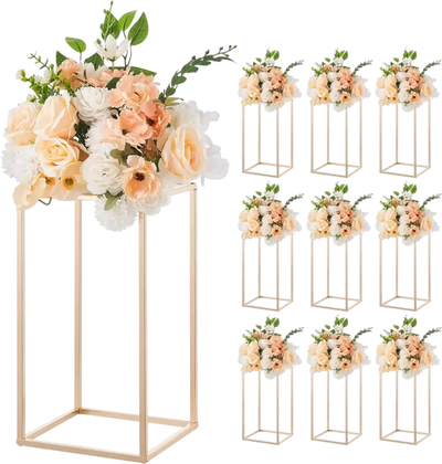 VEVOR Wedding Flower Stand, 10PCS 15.75-inch Column Flower Stand, Floral Stands with Acrylic Laminate, Gold Rectangular Floral Display Rack for Wedding, Party, Birthday, Home,  Gold Centerpiece Stands