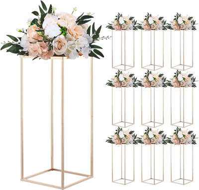 VEVOR Wedding Flower Stand, 10PCS 23.62-inch Column Flower Stand, Floral Stands with Metal Laminate, Rectangular Floral Display Rack for Wedding, Party, Birthday, Home, French Gold Stands