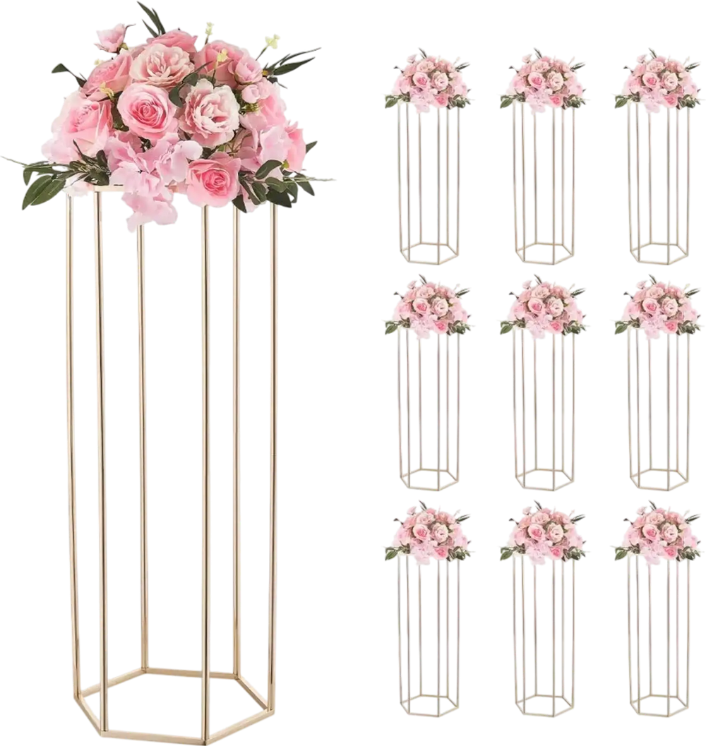 VEVOR Wedding Flower Stand, 10PCS 31.5-inch Column Flower Stand, Floral Stands with Acrylic Laminate, Hexagonal Cubic Floral Display Rack for Wedding, Party, Birthday, Home, French Gold Stands