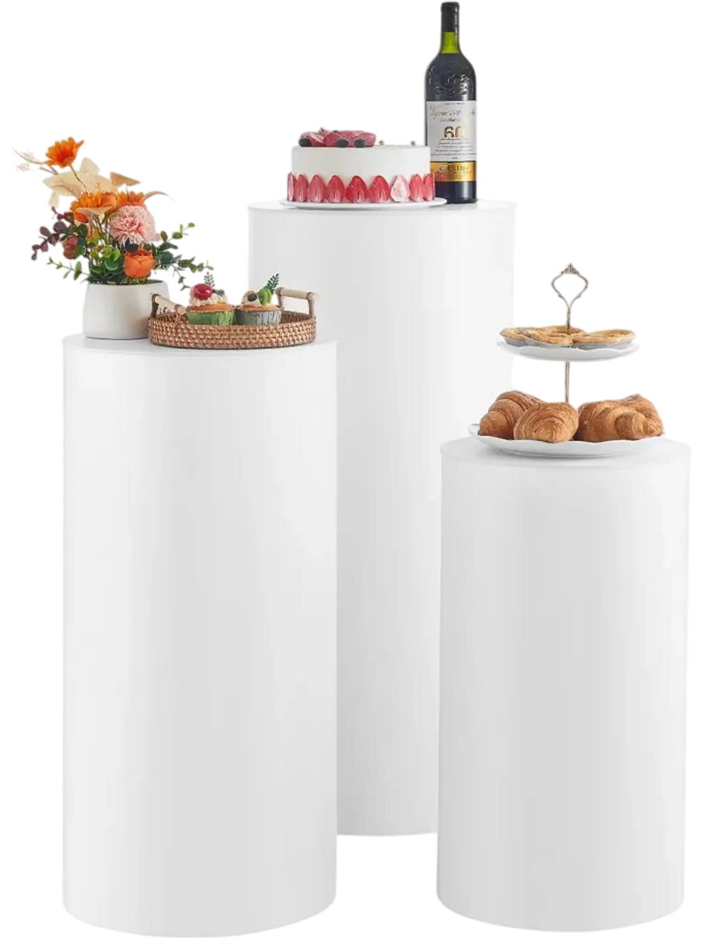 VEVOR Wedding Flower Stand, 3PCS 23.62/29.53/35.43 inch Round Cylinder Plinth, White Pedestal Stand with PVC Lid, Cylindrical Pedestal Stands for Wedding, Party, Birthday, Art Decor, 33.07 lbs Load