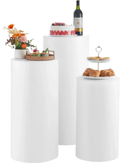 VEVOR Wedding Flower Stand, 3PCS 23.62/29.53/35.43 inch Round Cylinder Plinth, White Pedestal Stand with PVC Lid, Cylindrical Pedestal Stands for Wedding, Party, Birthday, Art Decor, 33.07 lbs Load
