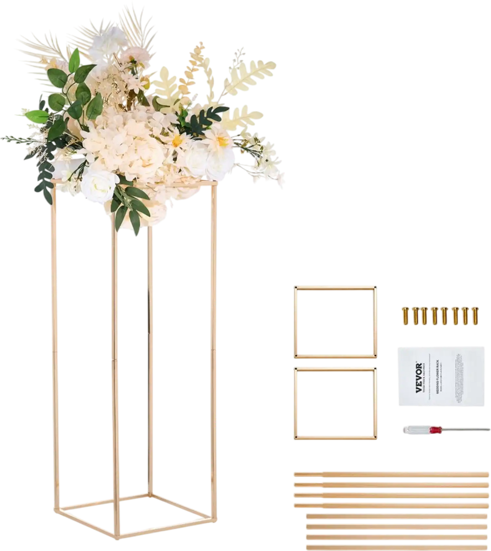 VEVOR 2PCS 31.5inch High Wedding Flower Stand, Metal Vase Column Geometric Centerpiece Stands, Gold Rectangular Floral Display Rack for T-Stage Events Reception, Party Decoration Home