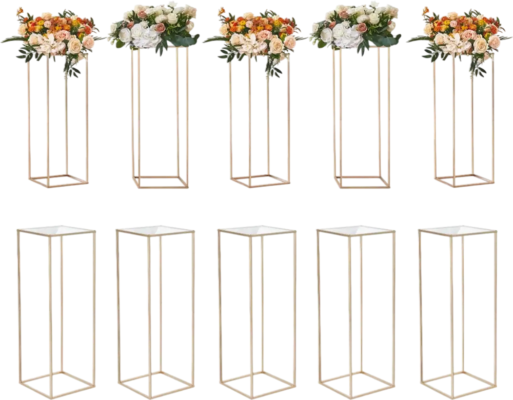 VEVOR 10PCS 31.5inch High Wedding Flower Stand, With Acrylic Laminate,Metal Vase Column Geometric Centerpiece Stands, Gold Rectangular Floral Display Rack for Events Reception, Party Decoration