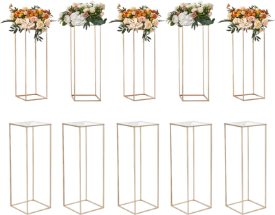 VEVOR 10PCS 31.5inch High Wedding Flower Stand, With Acrylic Laminate,Metal Vase Column Geometric Centerpiece Stands, Gold Rectangular Floral Display Rack for Events Reception, Party Decoration