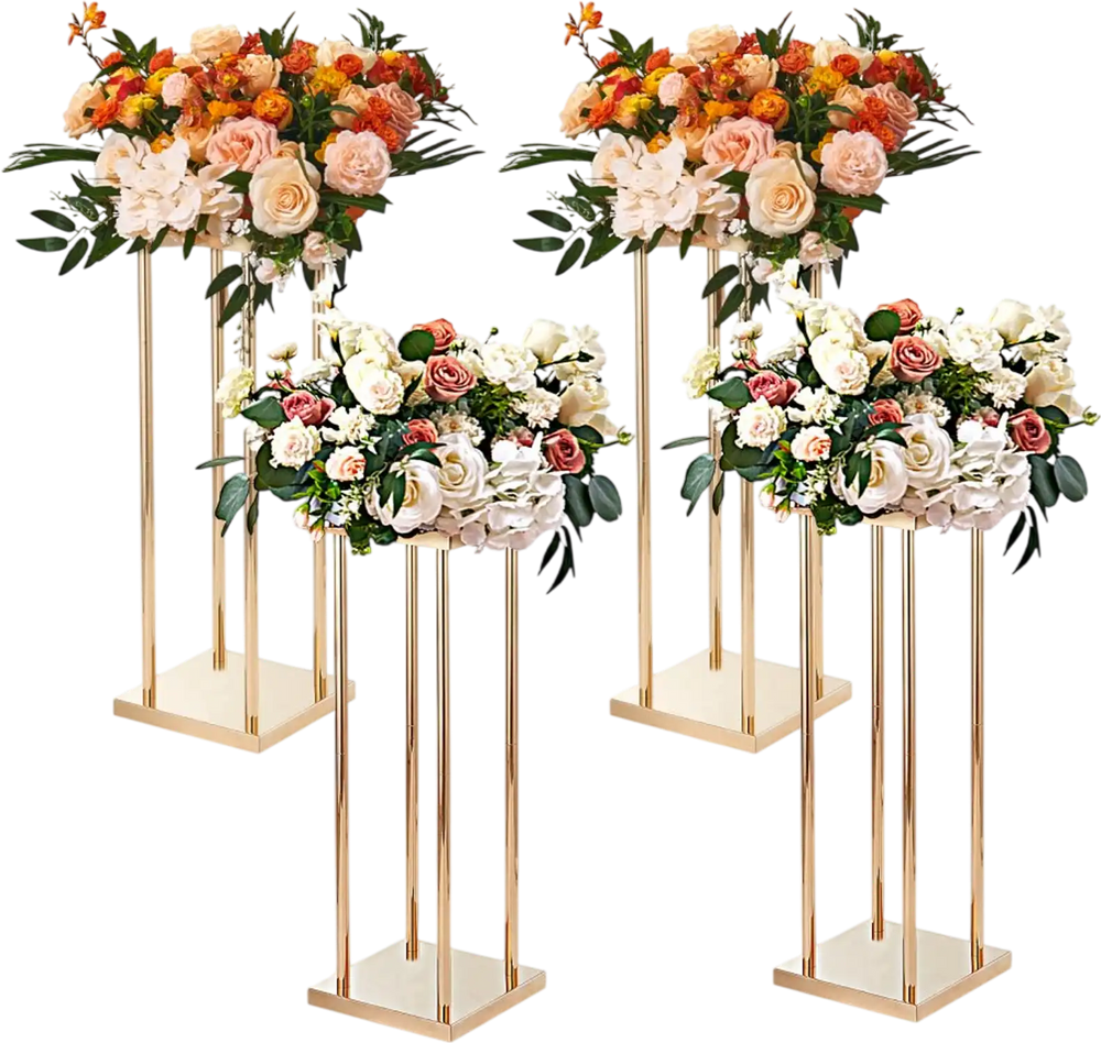 VEVOR 4PCS Gold Metal Column Wedding Flower Stand, 31.5inch High With Metal Laminate, Vase Geometric Centerpiece Stands, Cylindrical Floral Display Rack for Events Reception, Party Road Leads