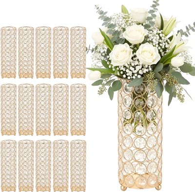 VEVOR 16 PCS Crystal Wedding Flower Vase, 10.24 in Tall Flower Table Centerpieces, Crystal Cylinder Banquet Vases Easy Installation, Versatile Arrangement Stand for Party Events Room Home Decor, Gold