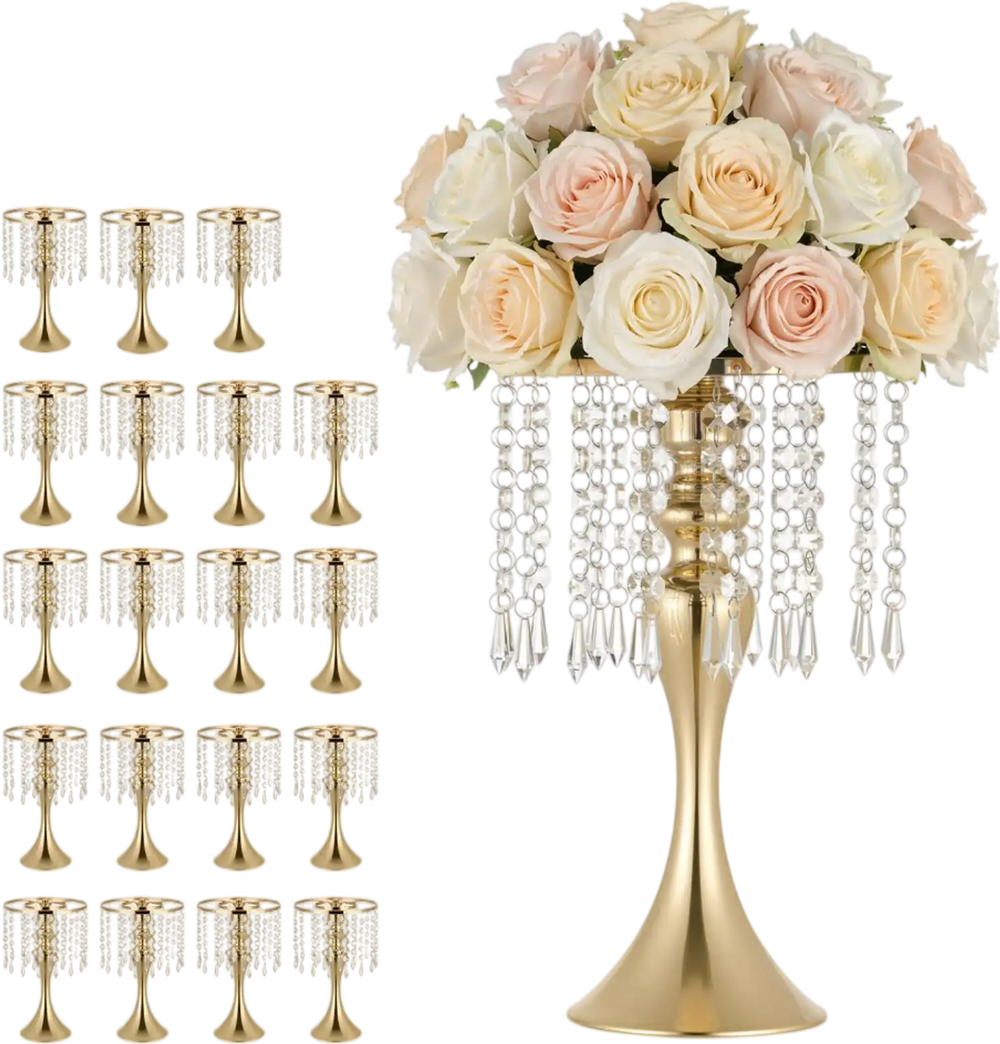 VEVOR 20 PCS Wedding Flower Vase, 13.4 in Tall Flower Table Centerpieces, Crystal Banquet Vases Easy Installation, Electroplated Finish, Versatile Arrangement Stand for Party Events Home Decor, Gold