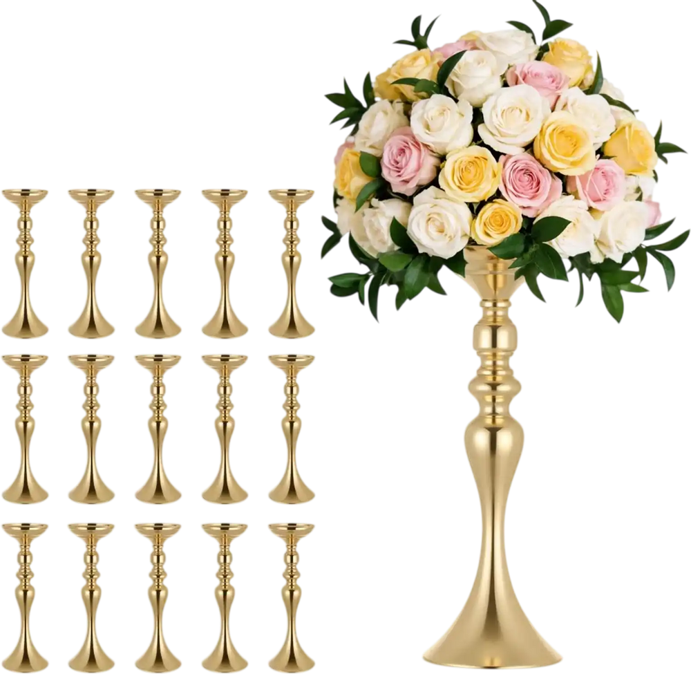 VEVOR 16 PCS Wedding Flower Vase, 15 in Tall Flower Table Centerpieces, Crystal Banquet Vases Easy Installation, Electroplated Versatile Arrangement Stand for Party Events Home Decor Reception, Gold