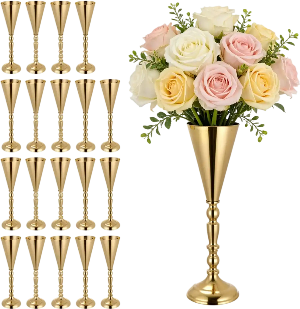 VEVOR 20 PCS Wedding Flower Vase, 16.9 in Tall Trumpet Flower Table Centerpieces, Banquet Vases Easy Installation, Electroplated Versatile Arrangement Stand for Party Events Home Decor Reception, Gold