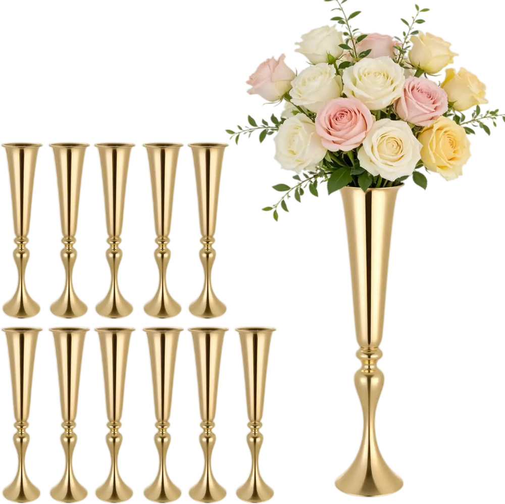 VEVOR 12 PCS Wedding Flower Vase, 21.7 in Tall Trumpet Flower Table Centerpieces, Banquet Vases Easy Installation, Electroplated Versatile Arrangement Stand for Party Events Home Decor Reception, Gold