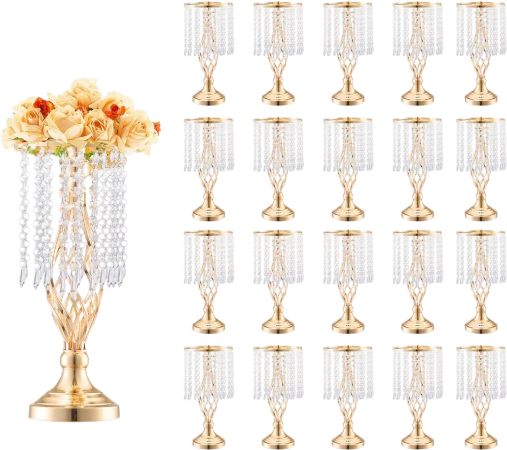 VEVOR 20PCS 43cm/16.9” Tall Crystal Wedding Flower Stand, Metal Wedding Centerpiece Vase, Gold Flower Holders Floral Display Rack for Tables Wedding Dinner Party, Ceremony Birthday Event Decor