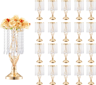 VEVOR 20PCS 43cm/16.9” Tall Crystal Wedding Flower Stand, Metal Wedding Centerpiece Vase, Gold Flower Holders Floral Display Rack for Tables Wedding Dinner Party, Ceremony Birthday Event Decor