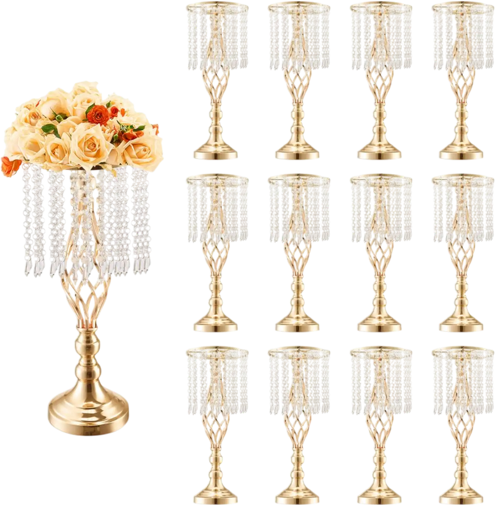 VEVOR 12PCS 49cm/19.3” Tall Crystal Wedding Flower Stand, Metal Wedding Centerpiece Vase, Gold Flower Holders Floral Display Rack for Tables Wedding Dinner Party, Ceremony Birthday Event Decor