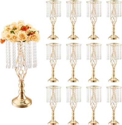VEVOR 12PCS 49cm/19.3” Tall Crystal Wedding Flower Stand, Metal Wedding Centerpiece Vase, Gold Flower Holders Floral Display Rack for Tables Wedding Dinner Party, Ceremony Birthday Event Decor