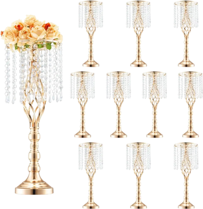 VEVOR 10PCS 55cm/21.65” Tall Crystal Wedding Flower Stand, Metal Wedding Centerpiece Vase, Gold Flower Holders Floral Display Rack for Tables Wedding Dinner Party, Ceremony Birthday Event Decor