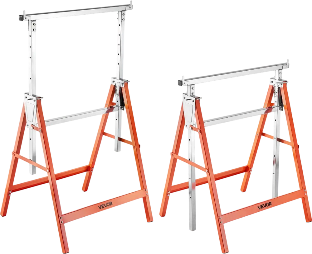 VEVOR Saw Horses, 2 Pack Folding Work Horses, 440 lbs Load Capacity Sawhorse with Heavy Duty Legs, Adjustable Height Saw Horse with Non-Slip Foot Pads, for Woodworking, Carpenters & Contractors