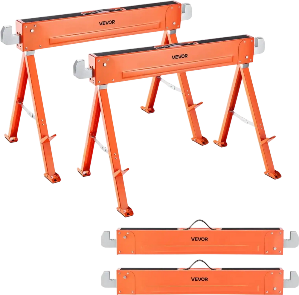 VEVOR Saw Horses, 2 Pack Folding Work Horses, 1323 lbs Load Capacity Sawhorse with Heavy Duty Legs, All-Metal Portable Saw Horse with Non-Slip Foot Pads, for Woodworking, Carpenters & Contractors