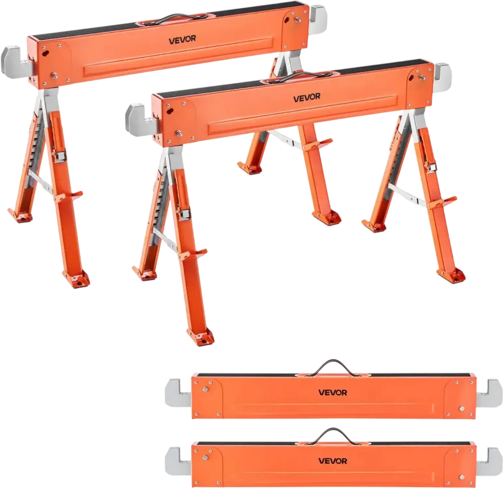 VEVOR Saw Horses, 2 Pack Folding Work Horses, 1800 lbs Load Capacity Sawhorse with Heavy Duty Legs, Adjustable Height Saw Horse with Non-Slip Foot Pads, for Woodworking, Carpenters & Contractors