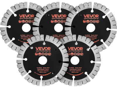 VEVOR Diamond Blades 5 inch, 5-Pack Wall Chaser Saw Blade Cutting Blade, 0.79 in Arbor, High-Hardness Diamond Segments, 65Mn Steel Core, Dry Wet Cutting, Clean Edges for Concrete Brick Stone Cement