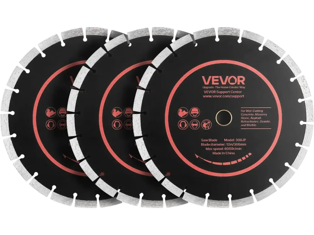 VEVOR Diamond Blades 12 inch, 3-Pack Concrete Saw Blade Set, 1 in Arbor, High-Hardness Diamond Segments, 65Mn Steel Core, Dry Wet Cutting, Clean Edges for Concrete, Masonry, Brick, Stone, Granite