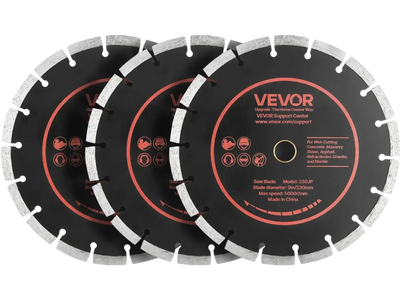 VEVOR Diamond Blades 9 inch, 3-Pack Concrete Saw Blade Set, 7/8 in Arbor, High-Hardness Diamond Segments, 65Mn Steel Core, Dry Wet Cutting, Clean Edges for Concrete, Masonry, Brick, Stone, Granite