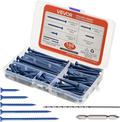 VEVOR Concrete Screws, 3/16 inch, 100 PCS 5 Different Lengths, Phillips Head, Masonry Screws with Drill Bits, Carbon Steel with Blue Coating, for Anchoring to Concrete, Masonry, Block, Brick and Wood