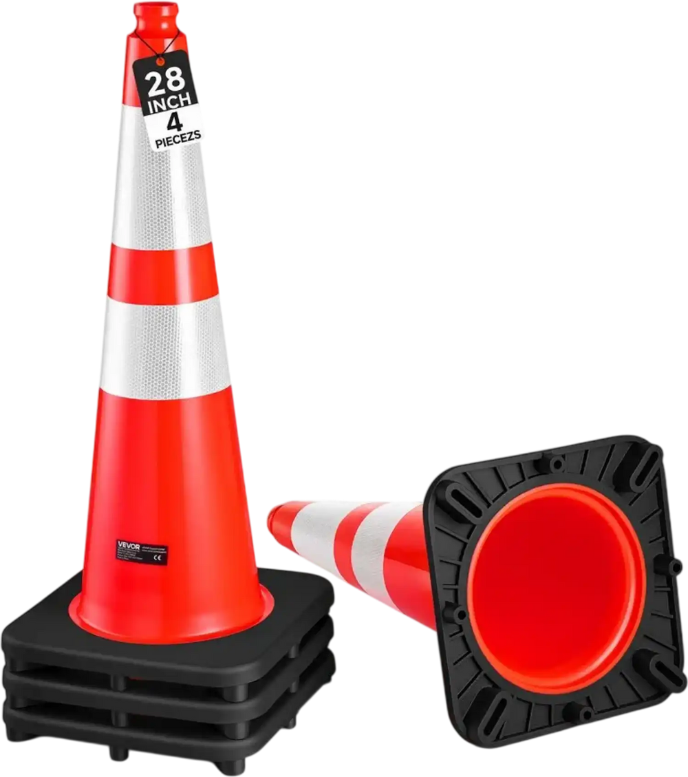 VEVOR Traffic Safety Cones 4 Pack 28 Inch Flexible PVC Orange Traffic Cones, For Accident or Construction Warning, with Weighted Black Base, Reflective Collar Visible at Night, Heavy Duty, Easy Storage