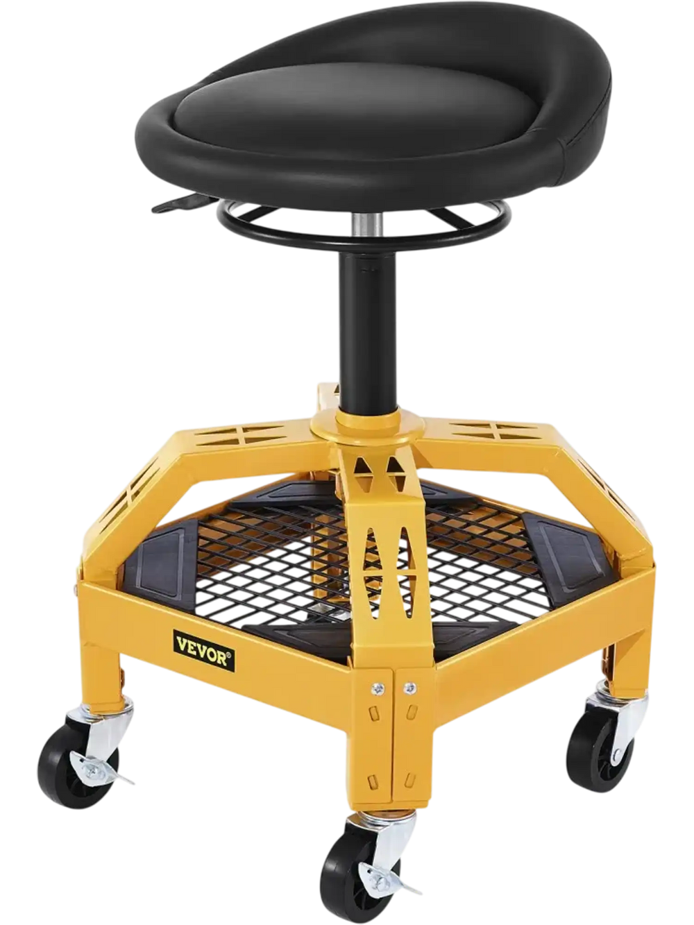 VEVOR Rolling Garage Stool, 300LBS Capacity, Adjustable Height from 24 in to 28.7 in, Mechanic Seat with 360-degree Swivel Wheels and Tool Tray, for Workshop, Auto Repair Shop, Yellow
