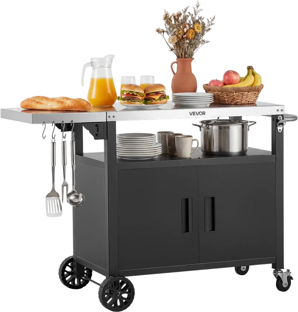 VEVOR Outdoor Grill Cart with Storage Cabinet, 48.9 Inch Grill Table, Waterproof Kitchen Island with Stainless Steel Top, Shelf, and Wheels, Movable Food Prep Station for Patio Bar Backyard BBQ