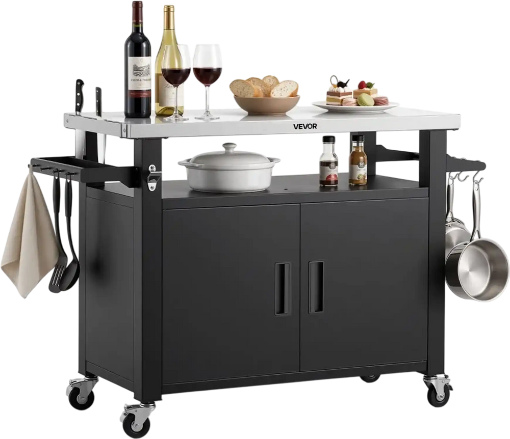 VEVOR Outdoor Grill Cart with Storage Cabinet, 53.1 Inch Grill Table, Waterproof Kitchen Island with Stainless Steel Top, Shelf, and Wheels, Movable Food Prep Station for Patio Bar Backyard BBQ