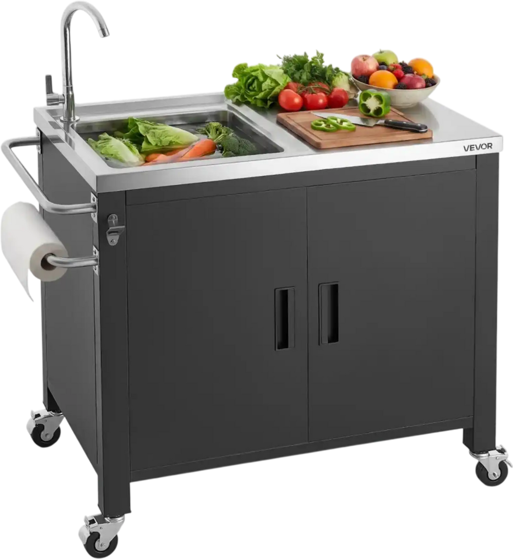 VEVOR Outdoor Grill Cart with Sink and Storage Cabinet, 38 Inch Grill Table, Waterproof Kitchen Island with Stainless Steel Top, Spice Rack, Wheel, Movable Food Prep Station for Patio Bar Backyard BBQ