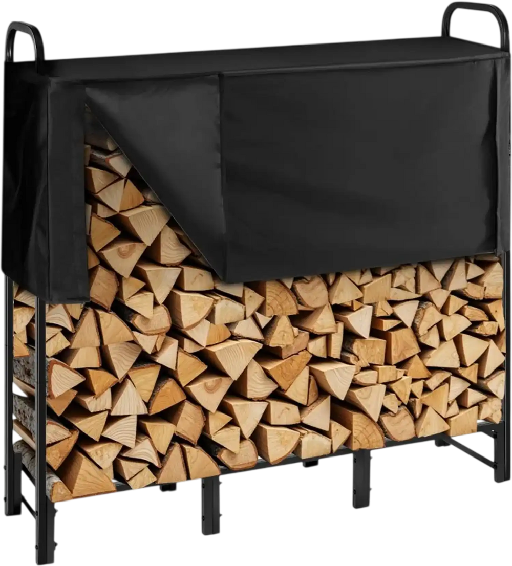 VEVOR Firewood Rack with Waterproof Cover, 4 ft Outdoor Firewood Holder, 1/4 Cord Storage Metal Log Holder, 400lb Max Weight Capacity, Top Covered, Powder-Coated Wood Storage Rack for Fireplace Deck