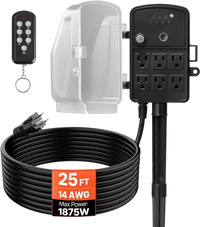 VEVOR Outdoor Power Stake, 25FT Extension Cord, Outdoor Power Strip Weatherproof with Cover, Remote Control Dusk to Dawn Light Timer Waterproof, 6 Outlets, 1875W/15A, for Christmas Lights, Garden