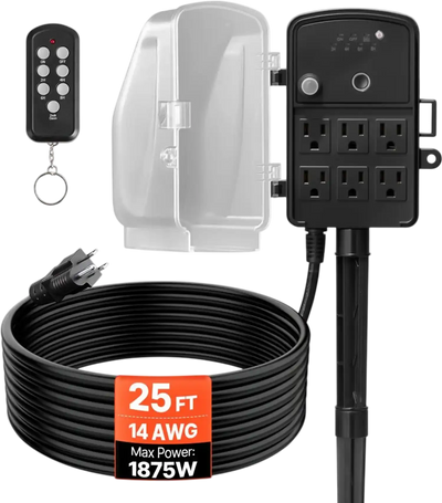 VEVOR Outdoor Power Stake, 25FT Extension Cord, Outdoor Power Strip Weatherproof with Cover, Remote Control Dusk to Dawn Light Timer Waterproof, 6 Outlets, 1875W/15A, for Christmas Lights, Garden