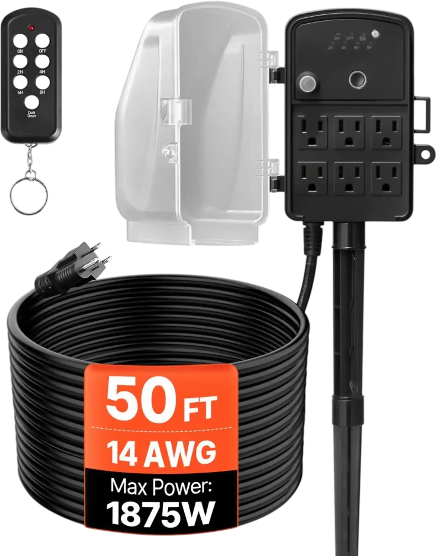Vevor Outdoor Power Stake Weatherproof 50' Extension Cord with Remote Timer 6 Outlets New