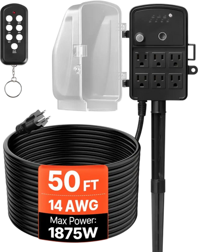 Vevor Outdoor Power Stake Weatherproof 50' Extension Cord with Remote Timer 6 Outlets New
