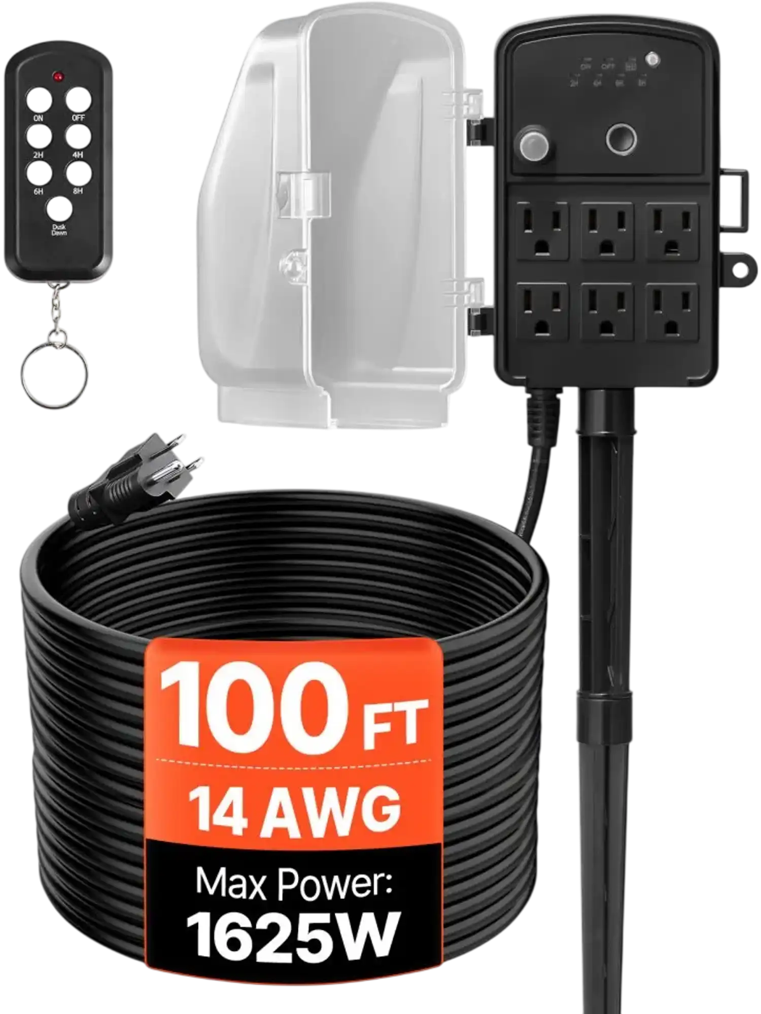 Vevor Outdoor Power Stake Weatherproof 6-Outlet Power Strip with Remote, 100' Cord, Dusk-to-Dawn Timer New
