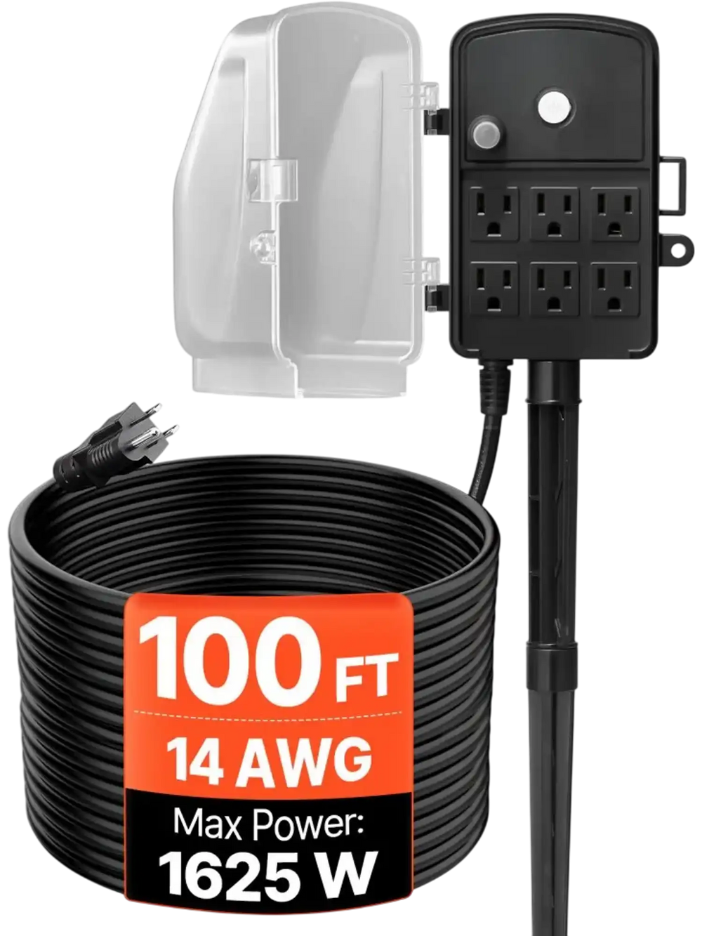 VEVOR Outdoor Power Stake, 100 FT Extension Cord, Outdoor Power Strip Weatherproof with Cover and Overload Protection, 6 Outlets, 13A/1625W, Waterproof Multi-Outlet Yard Stake for Christmas Lights