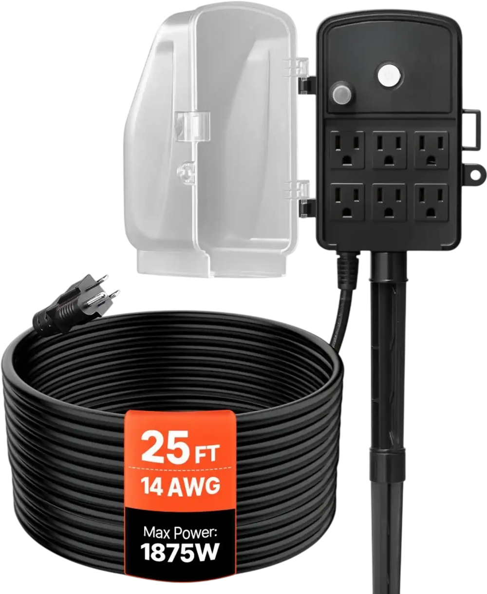 VEVOR Outdoor Power Stake, 25 FT Extension Cord, Outdoor Power Strip Weatherproof with Cover and Overload Protection, 6 Outlets, 15A/1875W, Waterproof Multi-Outlet Yard Stake for Christmas Lights