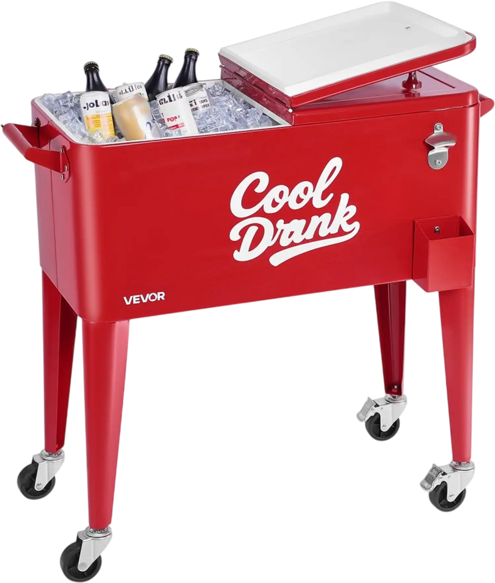 VEVOR 80 Quart Rolling Ice Chest, Holds up to 50 Bottles / 110 Cans, Portable Patio Party Bar Drink Cooler Cart with 4 Swivel Casters (2 with Brakes), Beverage Cooler Trolley with Bottle Opener, Red