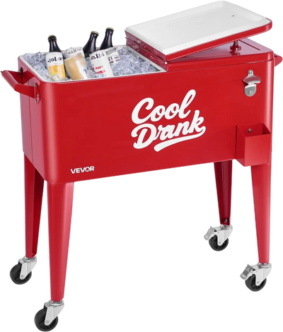 VEVOR 80 Quart Rolling Ice Chest, Holds up to 50 Bottles / 110 Cans, Portable Patio Party Bar Drink Cooler Cart with 4 Swivel Casters (2 with Brakes), Beverage Cooler Trolley with Bottle Opener, Red