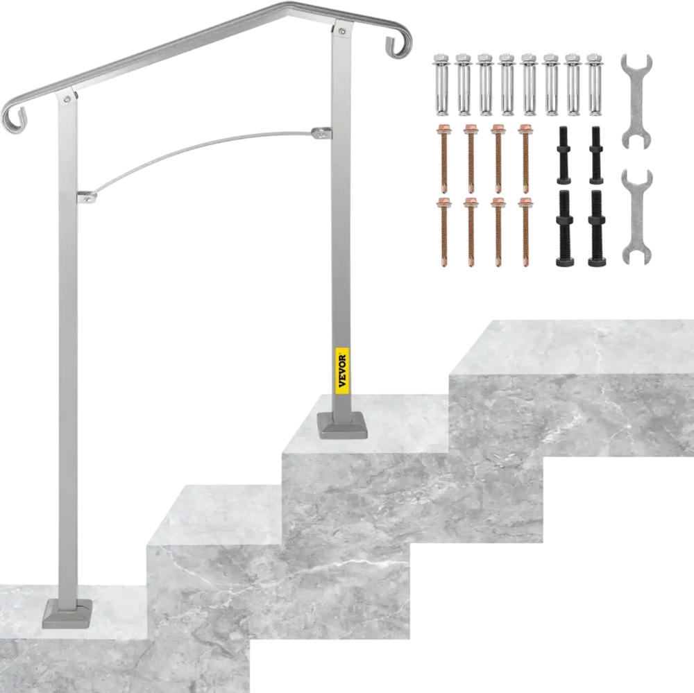 VEVOR Outdoor Stair Railing, Fit 2 or 3 Steps Alloy Metal Handrailing, Front Porch Flexible Transitional Handrail, Arch Step Rail with Installation Kit, for Concrete or Wooden Stairs, Silver