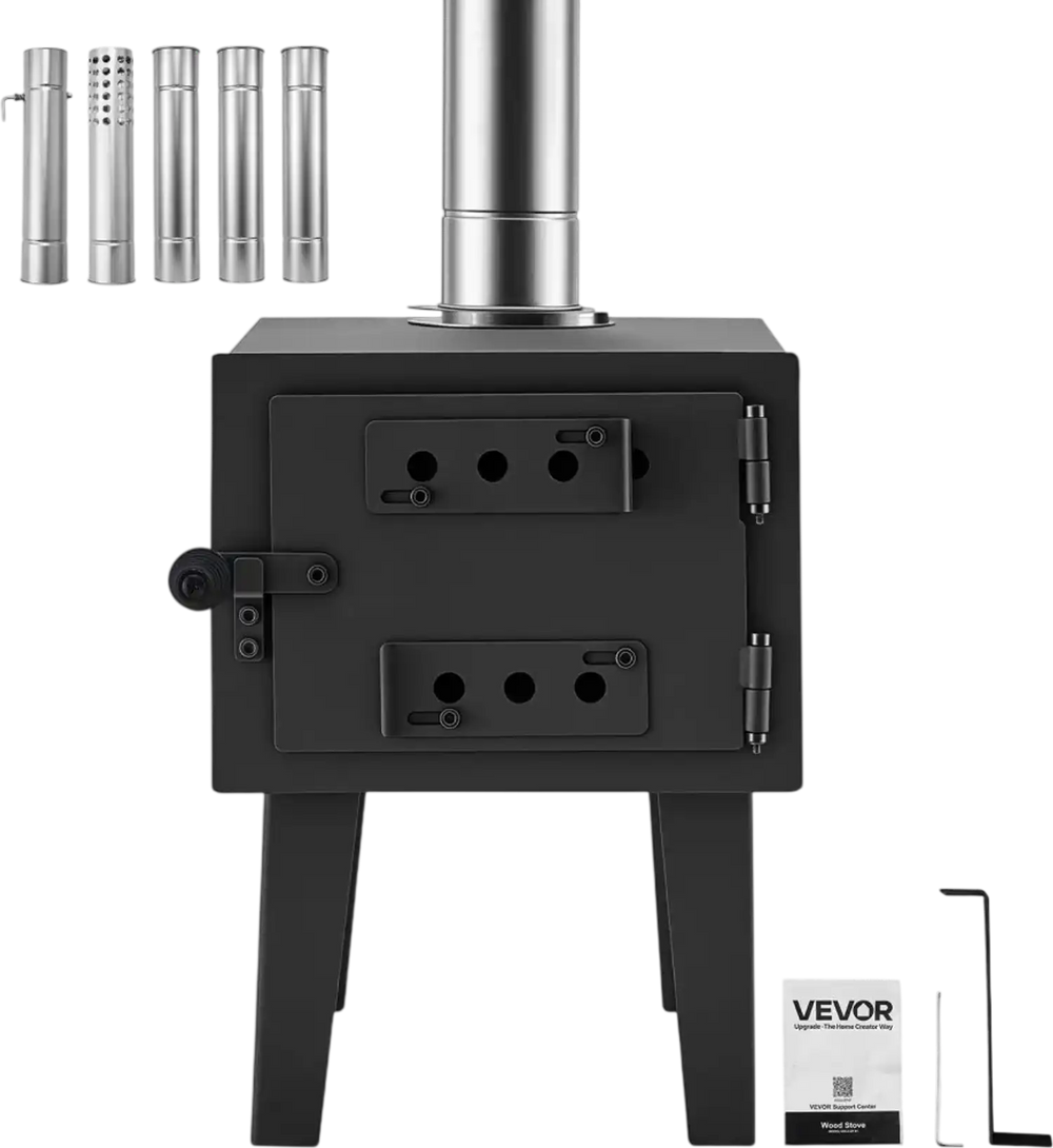 VEVOR Wood Stove with Dual Sliders Control Wood Burning Camping Tent Stove, for Outdoor Heating Cooking Drying, Carbon Steel, with Extended Chimney Pipes, Retractable Bracket, and Spark Arrest Tube