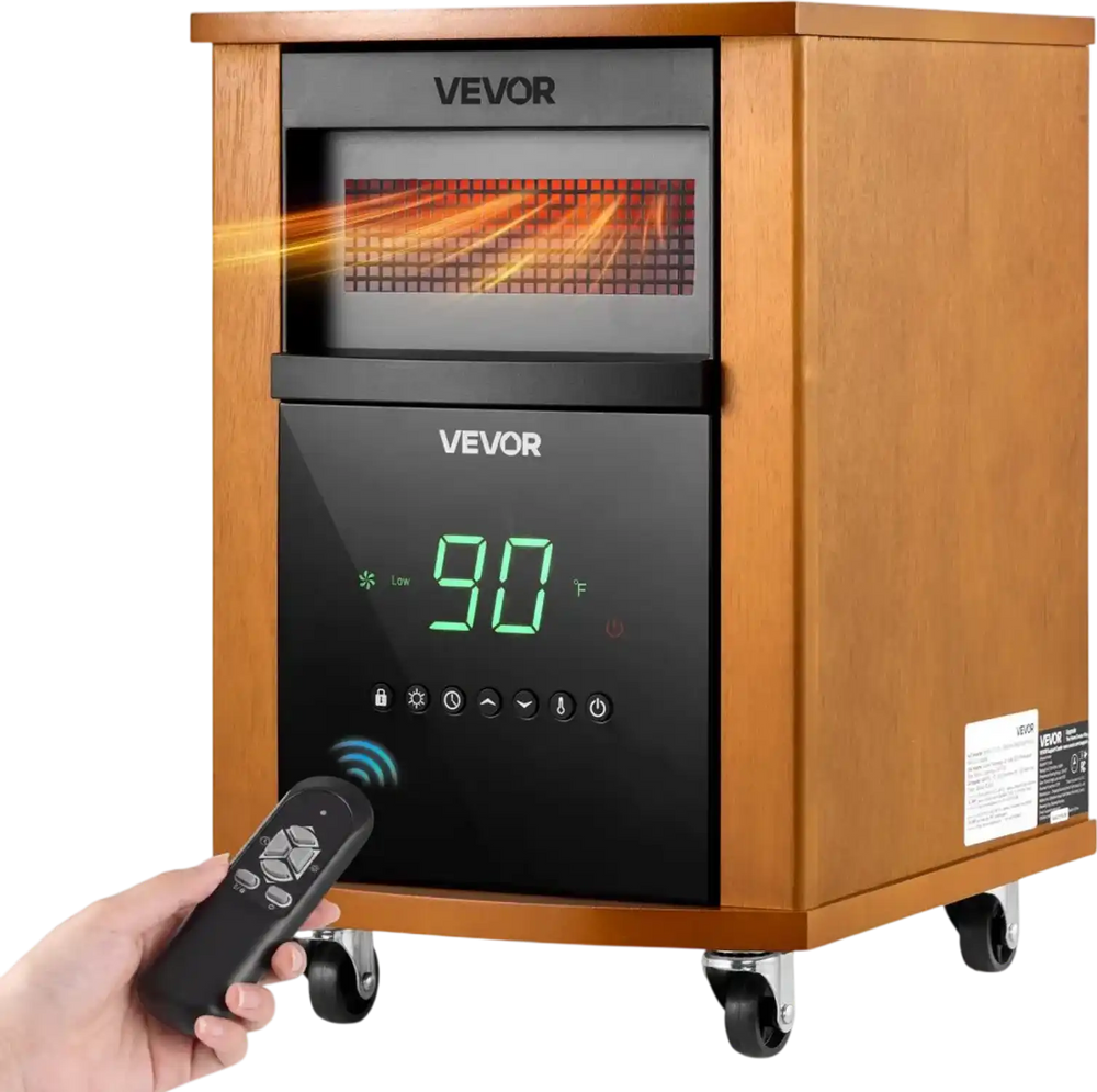 VEVOR Infrared Heater 1500W Electric Space Heater with Remote Control, 3 Heat Settings, 12H Timer, Overheat Shutoff, Portable Wheels, Premium MDF, for Indoor Bedrooms, Offices, Studies, Light Wood