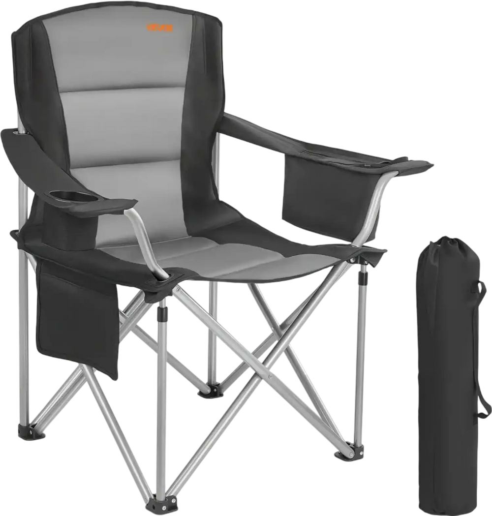 VEVOR Camping Folding Chair for Adults, Portable Heavy Duty Outdoor Quad Lumbar Back Padded Arm Chairs with Side Pockets, Cup Holder and Cooler Bag for Beach, Lawn, Picnic, Fishing, Backpacking, Black