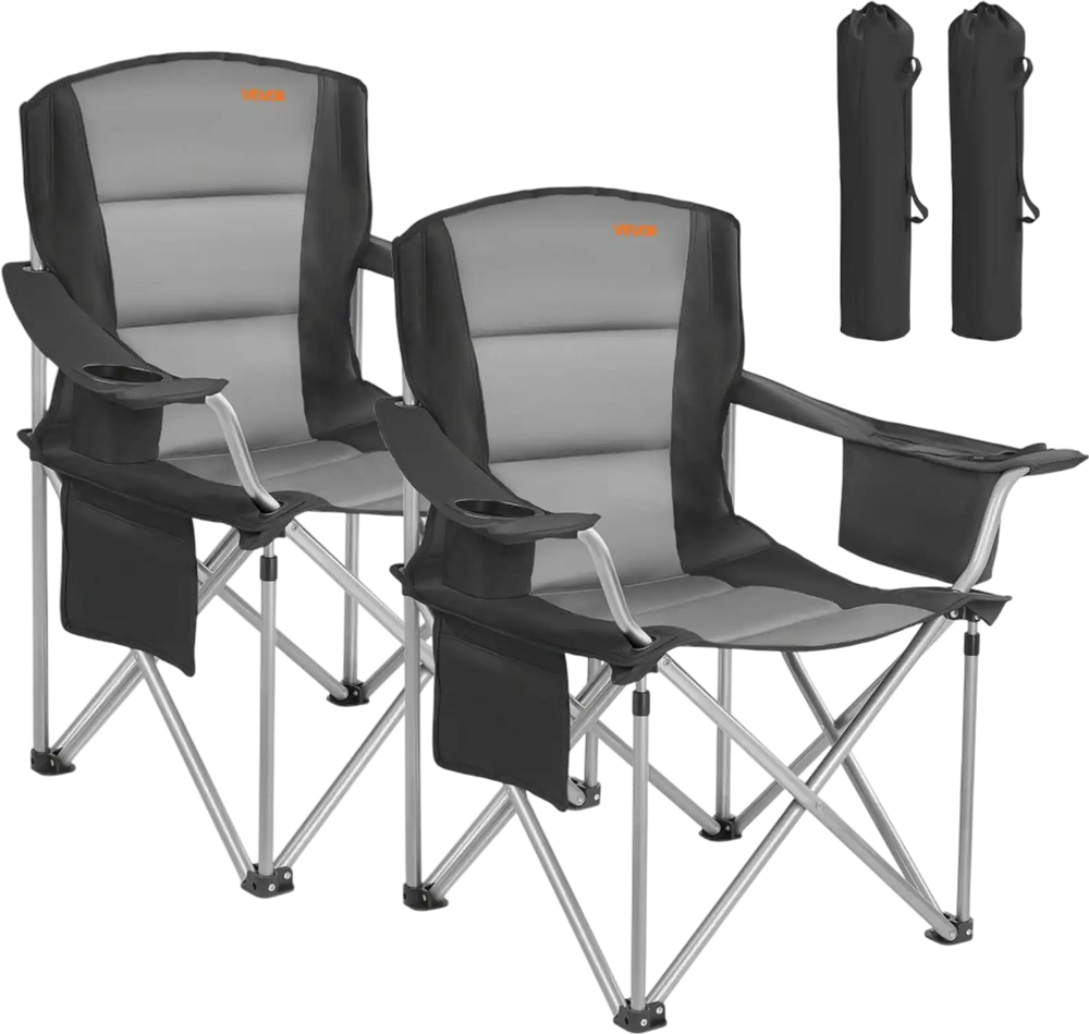 VEVOR Oversized Camping Chairs, 450 lbs Heavy Duty Support, Portable Folding Camp Chairs with Padded Backrest & Armrests, Cup Holder & Side Pocket, Cooler Bag, Carry Bags for Outdoor, Fishing, 2 Pack
